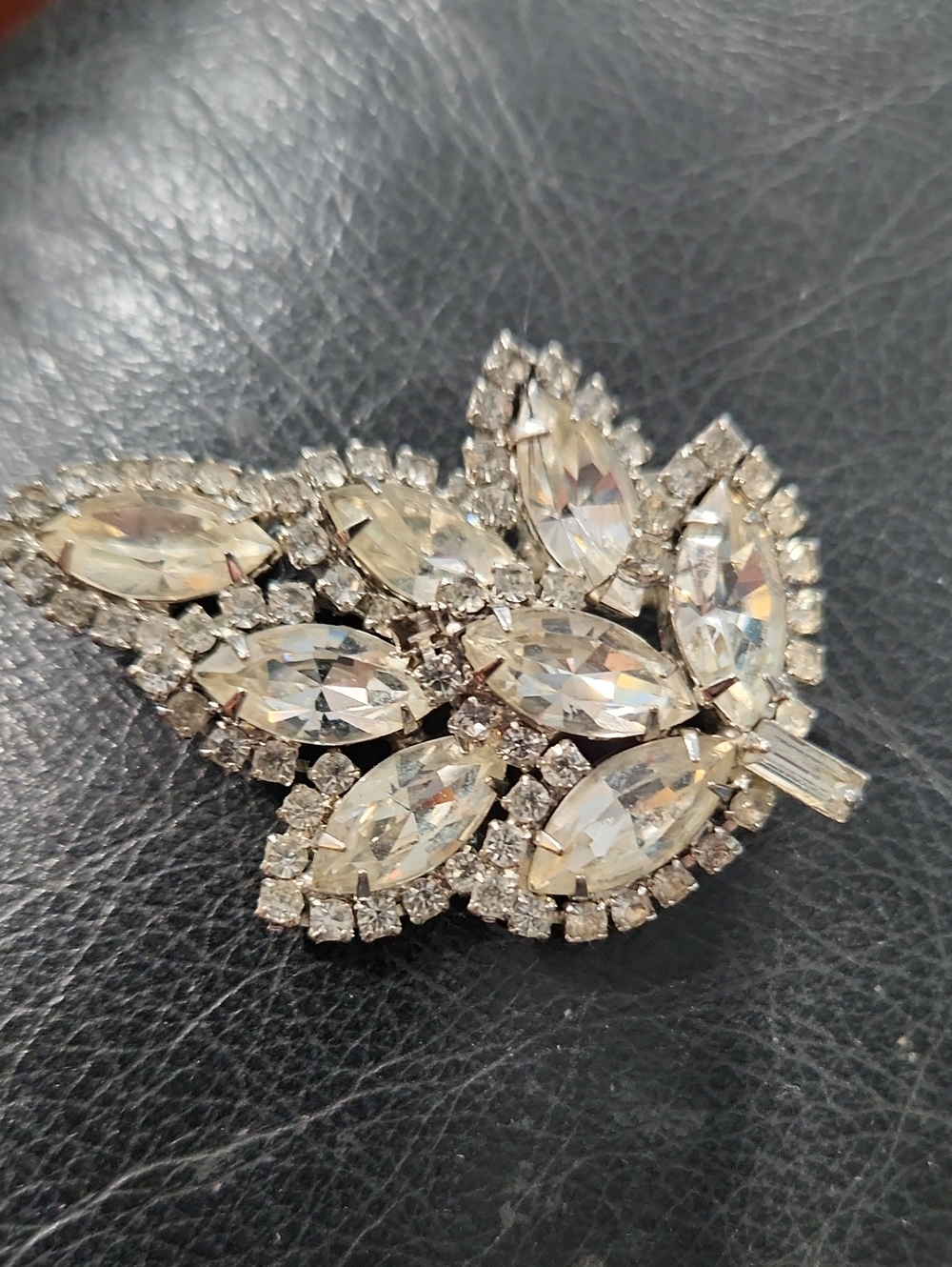 Albert Weiss Crystal Leaf Brooch in Clear and Silver Tones